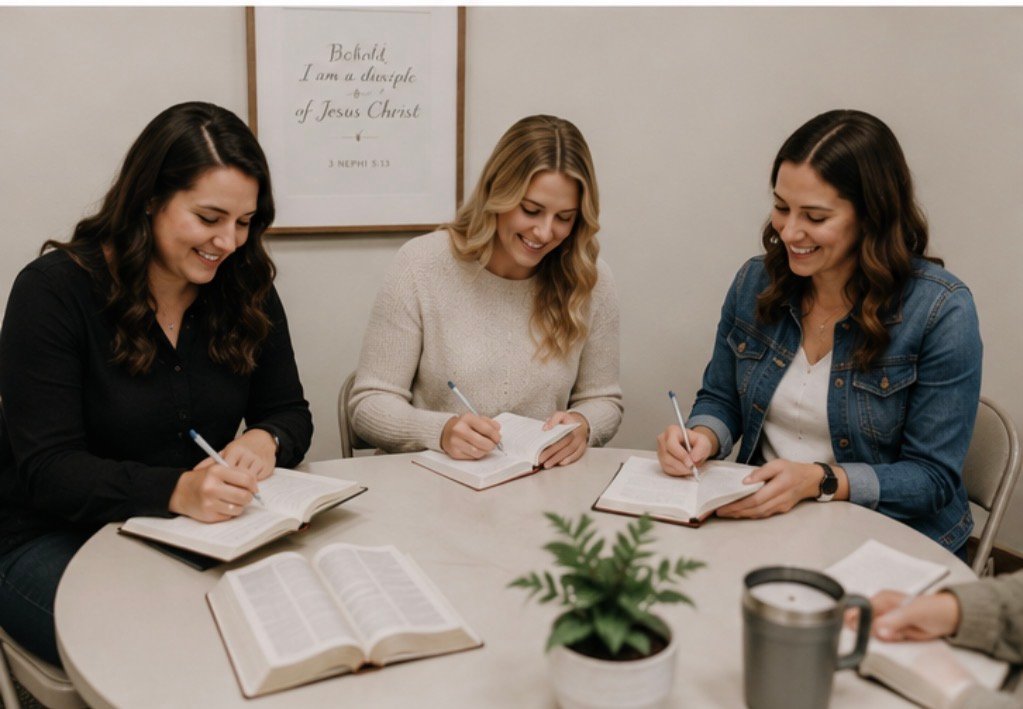 Women studying scriptures together at a table